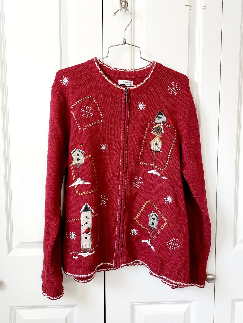 Red Patchwork Winter Birdhouse Zip Cardigan Sweater XL Cottagecore Granny Silk